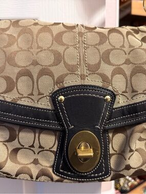 Coach Y2K 2008 Khaki Signature Canvas Shoulder Bag with Black Turnlock